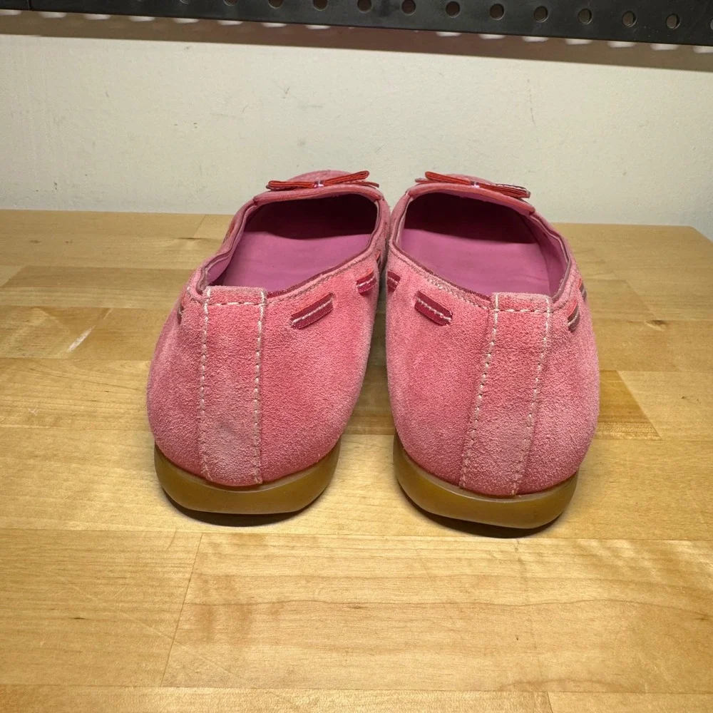Coach Pink Suede Flats Metallic Bow Loafers Barbiecore A00262 Womens Size 7.5B